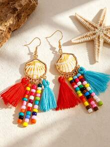 2pcs Fashionable Exaggerated Bohemian Shell & Starfish Tassel Long Earrings, Suitable For Women's Daily And Holiday Wear - Yellow Gold - View 4