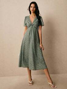 Vestido De Estampado Floral Para Mujer Con Nudo Retorcido Y Abertura Lateral - verde menta - Ver 5