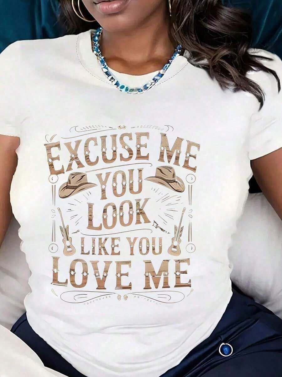 Women's T-Shirts, Raglan T-Shirt With Cowboy Hat And Spur Print "Excuse Me You Look Like You Love Me" For Casual Wear, Valentine's Day Sets For Women, Women's T-Shirt. Lucky Letter T-Shirt For St. Patrick's Day, Funny Plus Size Graphic Tee, Casual Blouses For Women - 白色 - 查看 1