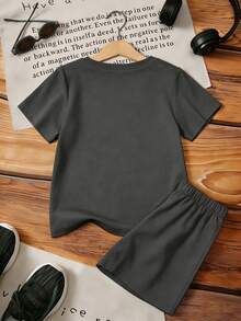 2pcs Young Boy Print Short Sleeve T-Shirt + Shorts Set, Comfortable Breathable Soft Casual Wear, Loose Holiday Children's Clothing - Dark Grey - View 5