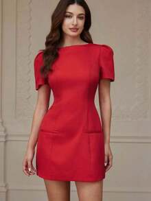 Vestido de manga larga de unicolor con bolsillo plisado, diseño de moda casual - Rojo - Ver 12