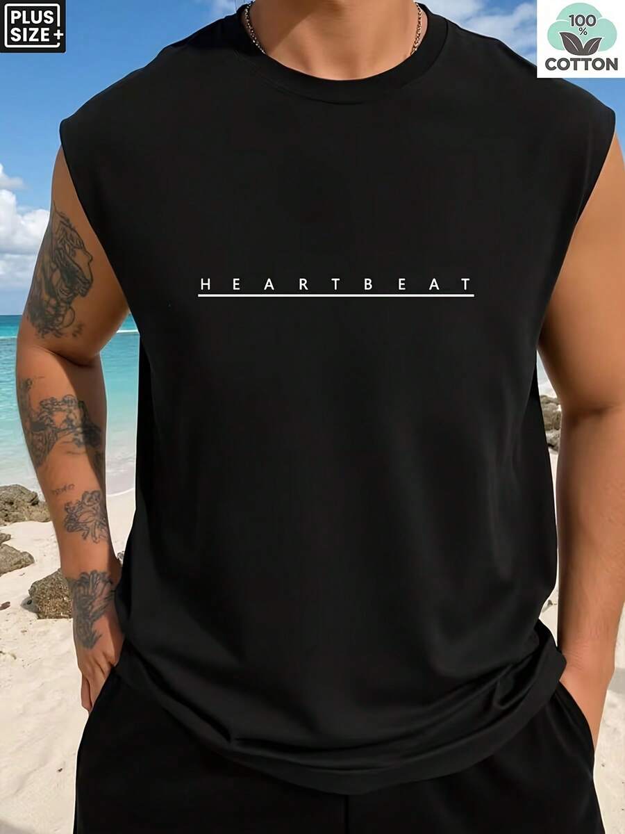 Men's Casual Sleeveless Vest With Horizontal Stripe Print, Ideal For Fitness Training And Summer - 黑色 - 查看 1