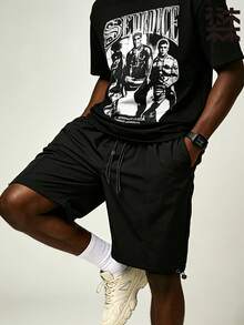 mulinsen Manfinity Men's Loose Wide Leg Drawstring Waist Shorts, Solid Color Casual Street Style Shorts, Adjustable Hem, Summer Wear - Black - View 1