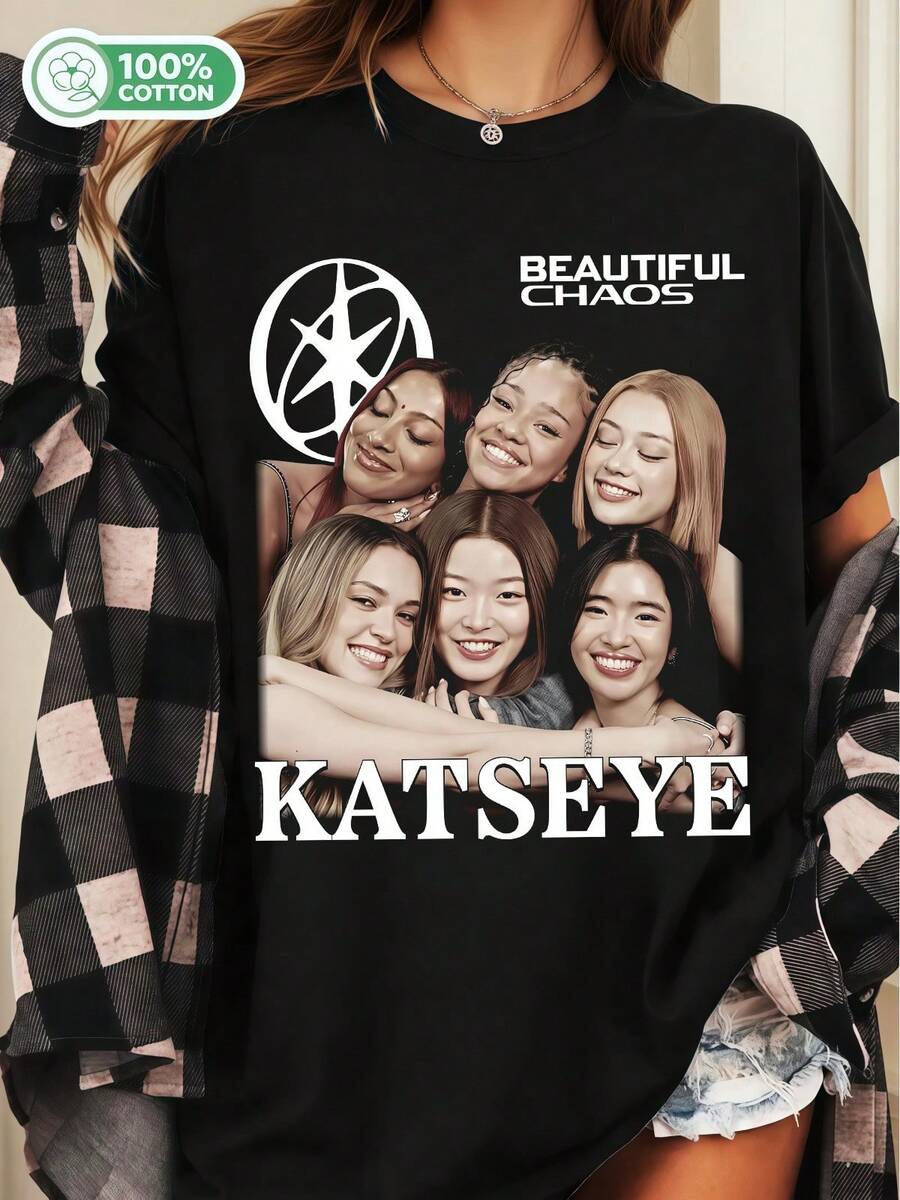 KATSEYES Beautiful Chaos Group Photo Cotton T-Shirt Global Girl Group Fan Tee - Black - View 1