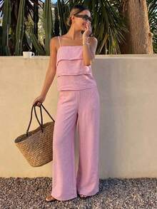 Set de 2 piezas de top de tirantes casual con dobladillo con volantes y pantalones para mujer, conjunto de ropa de estar en casa para verano - Amarillo - Ver 7