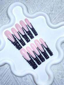 10 piezas Uñas francesas rosas extra largas hechas a mano estilo Y2K, decoración de gemas de uñas 3D brillantes, perfectas para bodas, fiestas, San Valentín, cumpleaños, regalos de Navidad, uñas reusables que se ajustan a la perfección, 1 pieza de gel de gelatina/1 pieza de tiras de frotamiento en miniatura, set de uñas postizas desmontables, adecuado para damas y niñas para fiestas de vacaciones y uso diario, productos de uñas de moda hechos a mano - Multicolor - Ver 1