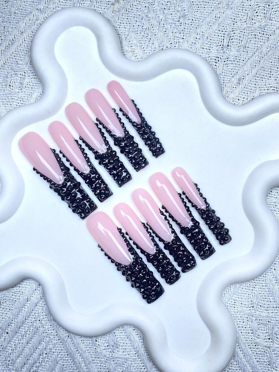 10 piezas Uñas francesas rosas extra largas hechas a mano estilo Y2K, decoración de gemas de uñas 3D brillantes, perfectas para bodas, fiestas, San Valentín, cumpleaños, regalos de Navidad, uñas reusables que se ajustan a la perfección, 1 pieza de gel de gelatina/1 pieza de tiras de frotamiento en miniatura, set de uñas postizas desmontables, adecuado para damas y niñas para fiestas de vacaciones y uso diario, productos de uñas de moda hechos a mano - Multicolor - Ver 1