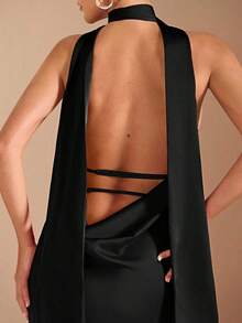 Vestido de punto con escote en V profundo, tirantes finos, espalda descubierta, lazo y bajo tipo cola de sirena, en color rojo, adecuado para fiestas de cóctel, citas románticas, capas de otoño/invierno, fiestas, bodas, Halloween y Navidad - Negro - Ver 6