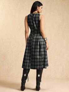 AYYEaselle Vestido de cuadros sin mangas con recogido en la cintura y silueta evasé para mujer, vestido de cuadros a media pierna, vestido de cuadros para mujer, vestidos de estilo francés para mujer, vestidos para mujer ElenzgaAYY - Blanco y Negro - Ver 2