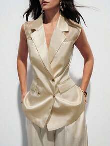 AYYAveloria Modichic Blazer de mujer versátil y elegante de diseño de alta gama con parches de organza brillante, satén y gasa de doble botonaduraAYY - Albaricoque - Ver 4