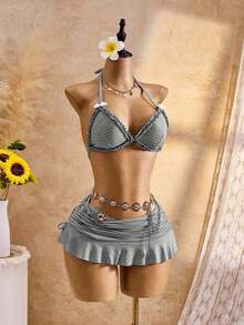 Bellisia Conjunto de traje de baño de 3 piezas para mujer con parte superior de bikini con cuello en V, tirantes y volantes, Bottom triangular y falda, para verano - Negro - Ver 4