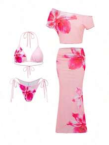 Swim  Conjunto de vacaciones para mujer de 4 piezas: Top de bikini triangular con estampado de cuello halter, Bottom de traje de baño, falda larga tipo sarong y cubrecuerpo.Conjunto de 2 piezas floral con falda maxi, conjunto de 2 piezas de verano para mujer - Rosa - Ver 5