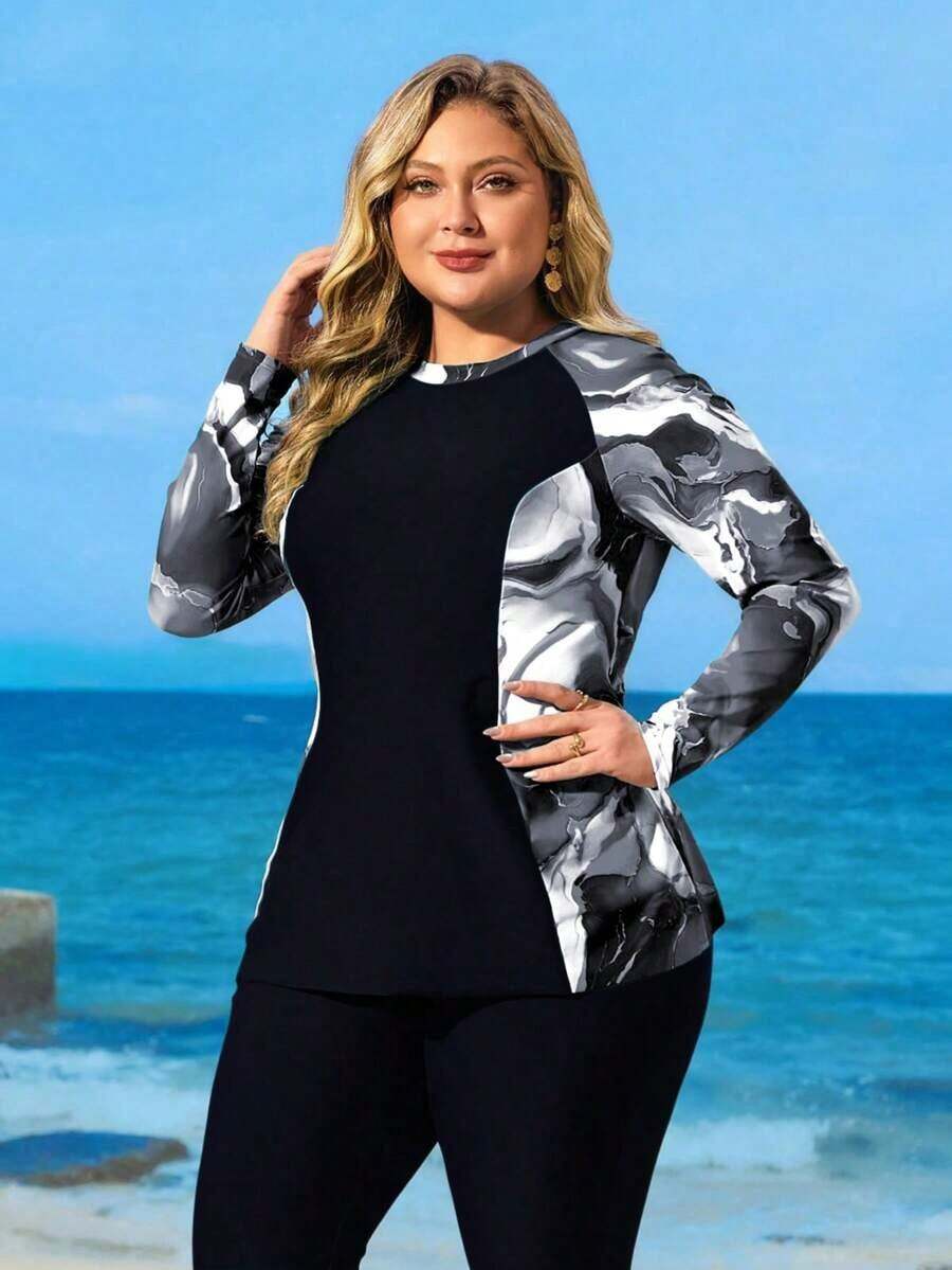 Swim Traje de baño tankini de manga larga y pantalón con protección UV talla grande, diseño de falda estilizante, moderno, apto para mercados transfronterizos UE/EE.UU. - Blanco y Negro - Ver 1