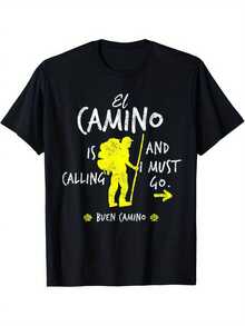 Men's Graphic T-Shirt "The Road Is Calling" With Yellow Hiker Illustration, Casual Crew Neck, Short Sleeve, Machine Washable, Comfortable Fit For All Seasons For Adults - 黑色 - 查看 7
