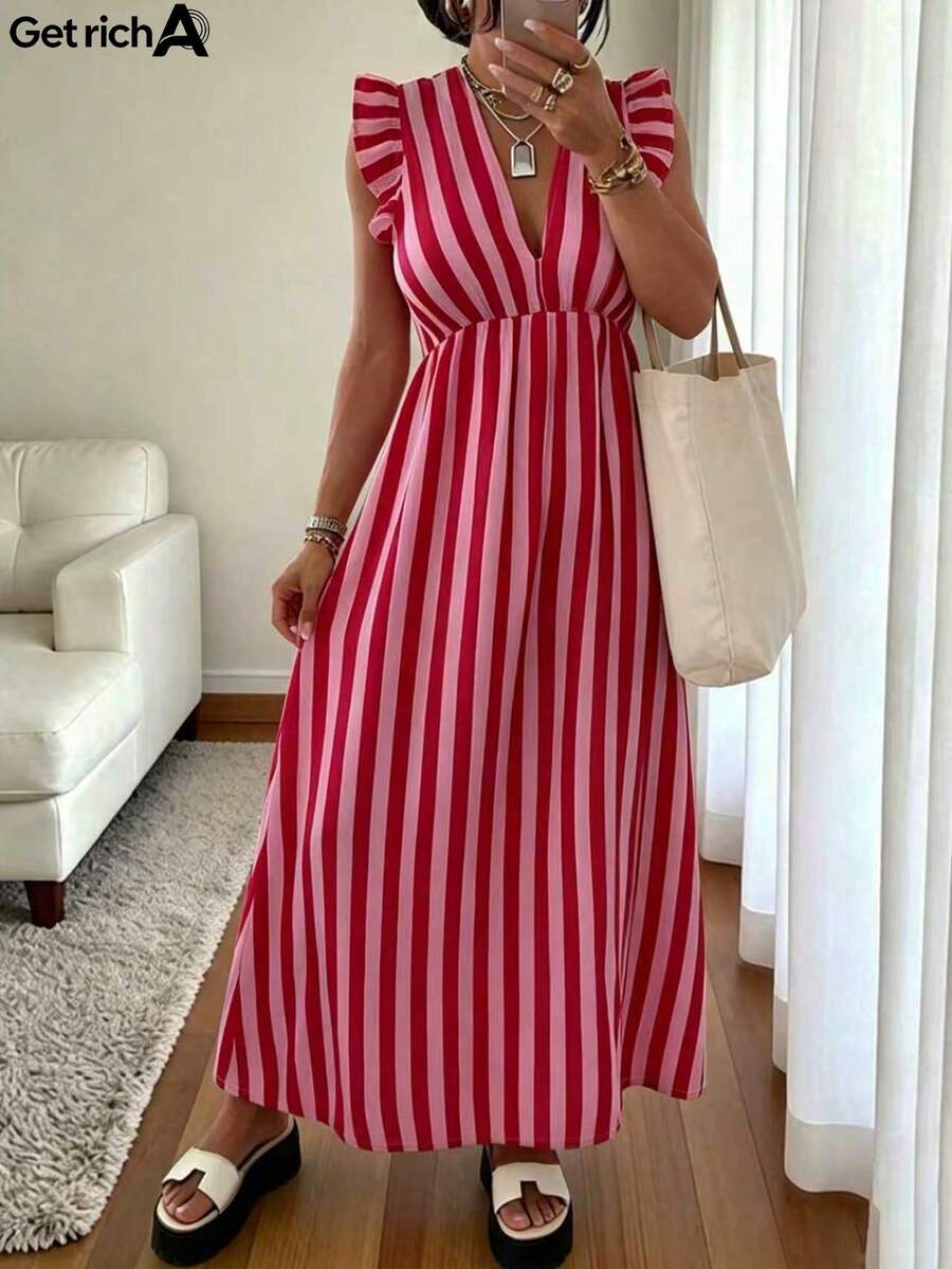 Get Rich A New Spring/Summer Series Women's Vacation Dress, Elegant Women's Dress, Pink Vertical Striped Sleeveless Maxi Dress With Ruffle Hem, Tie-Back Deep V-Neck Design, Contrast Striped Waist, Beach Vacation, Date, Party, Retro Y2K Romantic - Pink - View 1