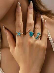 Set Of 3 Summer Beach Rings With Starfish, Shell And Scallop, Women's Jewelry Accessories For Vacation And Travel, Gift - 多色 3 - 查看 1