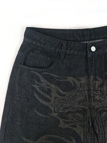 1pc Men's Retro Oversized Wide Leg Jeans, Gothic Style Graphic Print Casual Denim Pants - Black - View 6