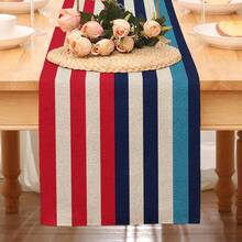 1pc Red, White & Blue Striped Patchwork Pattern Table Runner, Fresh & Energetic Style, Large Size, Rectangular, Home Decor, Suitable For Family Gatherings, Indoor/Outdoor Decoration, Entryway, Coffee Table, Living Room Ambiance, Kitchen Dining, Holiday & Natural Gift - Multicolor - View 7