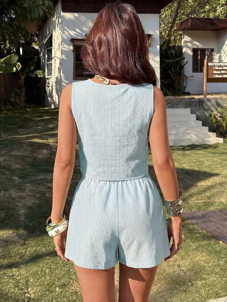 2 piezas Conjunto informal de mujer con top corto de tela tejida con patrón de rayas y shorts sueltos de talle alto - Azul y blanco - Añade 8