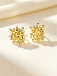 1 Pair Gold Sunflower Earrings, Multi-Layer 3D Floral Design With Shiny Rhinestones, Suitable For Vacation, Party, Wedding, Anniversary, Daily Wear - Gold - View 6