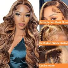 Honey Blonde Ombre Lace Front Wig Human Hair Highlight Body Wave Lace Front Wigs Human Hair Pre Plucked 200 Density Wig 4X4 13X4 HD Lace Frontal Wig For Women 4/27 Colored 28 Inch - S4/27 - Xem 4