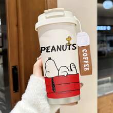 Miniso 花生漫画史努比狗屋图案保温咖啡杯，带腕带，不锈钢材质，带盖，双饮设计，经久耐用 - 彩色 - 查看 8