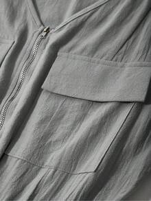 Casual Jumpsuit With Center Metal Zipper, Elastic Waist, Easy, Versatile, Basic, Comfortable, Vacation Style, Women's Jumpsuit With V-Neck, Solid Color Zip-Up Top And Shorts - 深灰色 - 查看 9