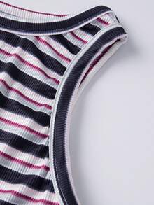 Womens Summer Striped Shorts Outfit Slim Fit Stylish Crew Neck Sleeveless Tops and Shorts 2 Pcs Set - Rosa - Ver 8