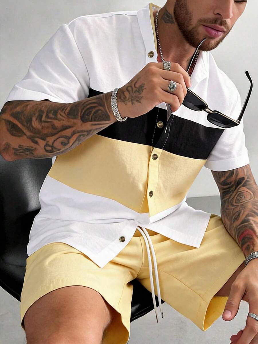 Conjunto de 2 piezas de moda casual holgada para hombres, camisa de manga corta con diseño de patchwork de bloques de color y pantalones cortos con cordón