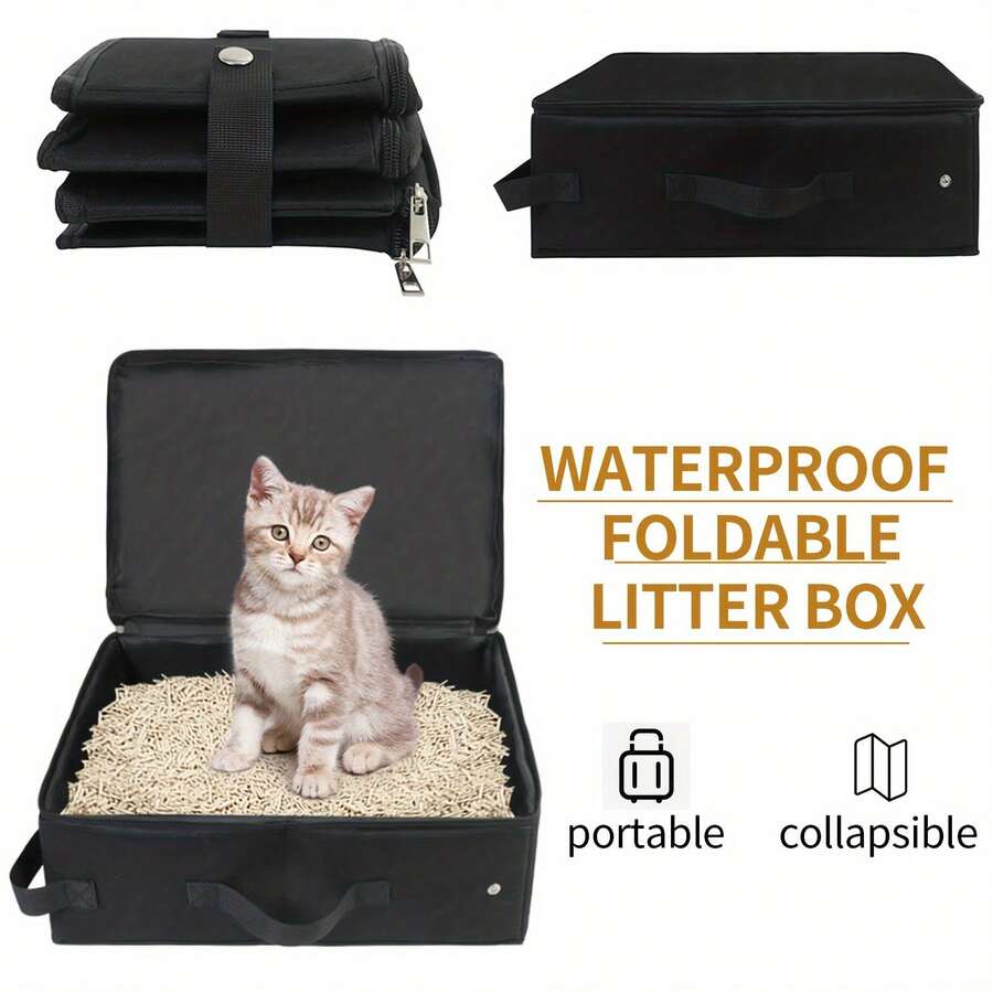 Caja de arena para gatos plegable y portátil con tapa, asa y bandeja para arena, caja de arena de viaje ligera, esencial para gatos y gatitos
