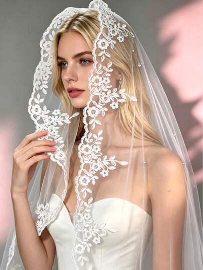 Lace & Rhinestone Bridal Veil, No Hair Comb, Suitable For Church Wedding