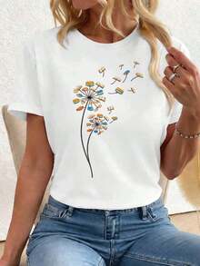 Women's Clothing. Casual Women's T-Shirt With Dandelion Print For Autumn, Premium Fabric, Eye-Catching Print, Casual Style, Breathable. Women's Shirts - 白色 - 查看 1