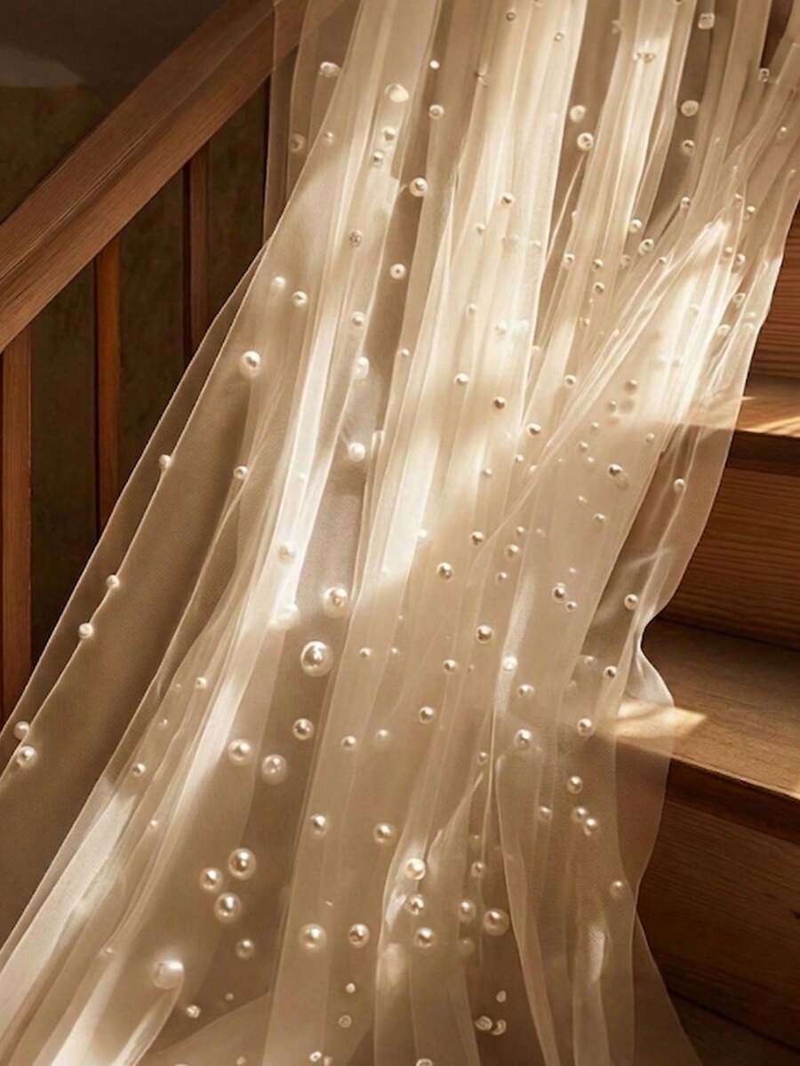 1pc (100cm X 160cm / 3.28ft X 5.25ft) Multi-Color Faux Pearl Transparent Mesh Table Runner, Wedding Table Decoration, Transparent Table Runner With Faux Pearl Decor, Romantic Table Setting, Wedding Party Decoration, Bohemian Wedding Style, Elegant Home Textile, Elegant Wedding Reception, Holiday Feast Table Setting, Photo Backdrop Decoration - Champagne Pearl - View 1