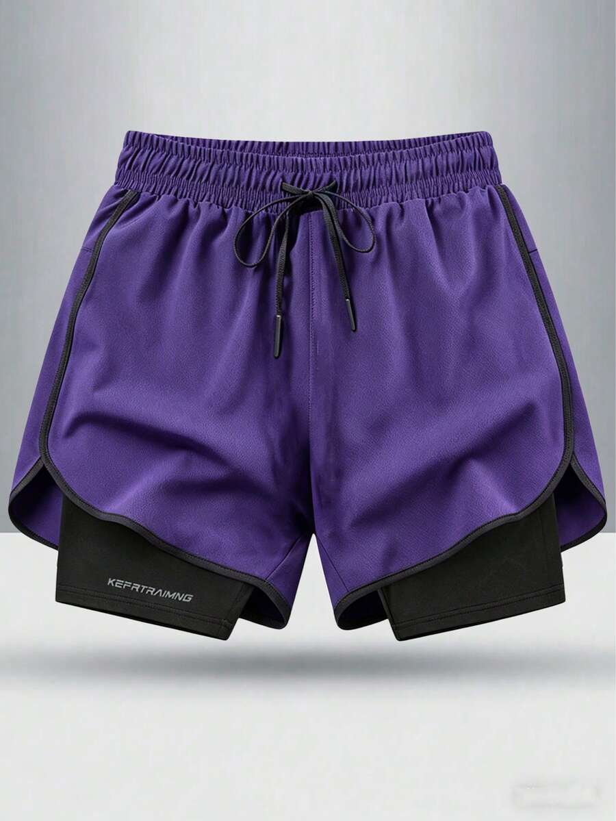 No015128712-0001 Quần short nam có dây rút eo, túi khóa kéo, lót trong, kiểu dáng thời trang unisex, thích hợp cho leo núi, đạp xe, bóng rổ, chạy bộ, mặc nhà kiểu boyfriend, phù hợp cho mùa xuân/hè và các hoạt động thể thao trong nhà mùa đông. - Màu tím - Xem 1