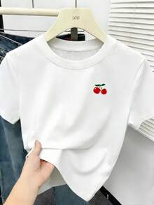 00008Q - Women's Spring And Summer One-Piece T-Shirt,  Fashion Item, Y2K Cherry Logo Print Short Sleeve T-Shirt, Versatile Korean Style Casual Top, Popular Search Social Sexy Fashion T-Shirt For Women - LHS2936 - 白色 - 查看 6