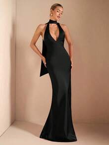 Vestido de punto con escote en V profundo, tirantes finos, espalda descubierta, lazo y bajo tipo cola de sirena, en color rojo, adecuado para fiestas de cóctel, citas románticas, capas de otoño/invierno, fiestas, bodas, Halloween y Navidad - Negro - Ver 11