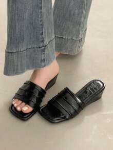 manjingfu Ladies' Casual Thick-Heeled Sandals Feature An Asymmetric Pleated Design, Paired With Open-Toe High-Heeled Slippers; Anti-Slip Slippers, - Black - View 2