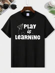 Camiseta informal de hombre con estampado de regreso a clases, cuello redondo y mangas cortas. - Negro - Ver 3