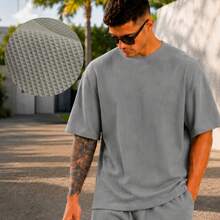 Men's Oversized Textured Casual Basic Plain Premium T-Shirt - Grey - View 2