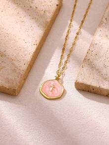 1 Stück modische rosa Tropfenöl Kreuz runde Anhänger Halskette für Frauen, goldfarbene geometrische Halskette, Hip Hop Party Schmuck Geschenk - Verschiedenfarbig - Übersicht 6