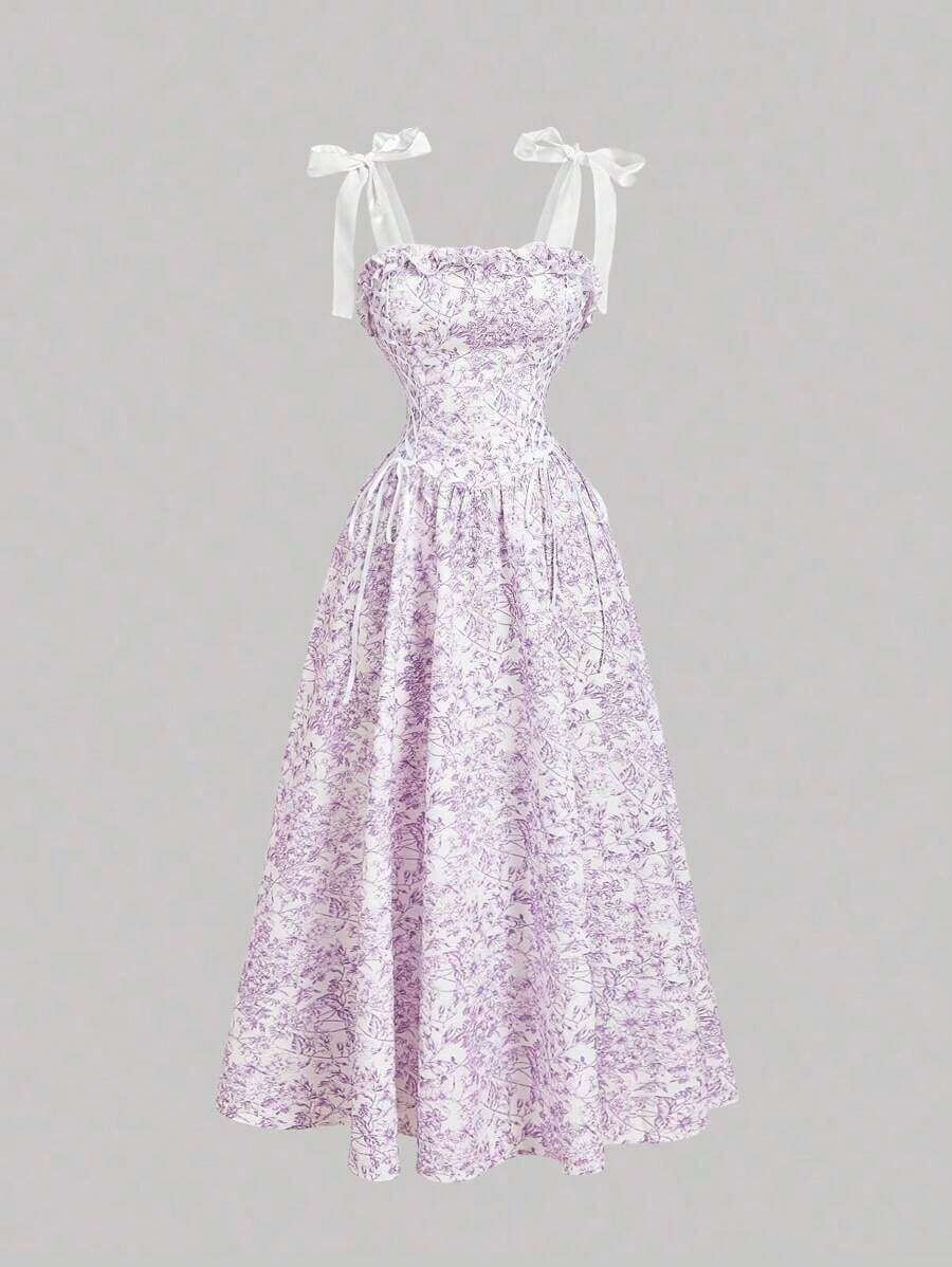 largo con estampado floral y tirantes con lazo para mujer, para primavera, graduación, vestidos modestos para mujer, vestidos para vacaciones de primavera - Lila Púrpura - Ver 1