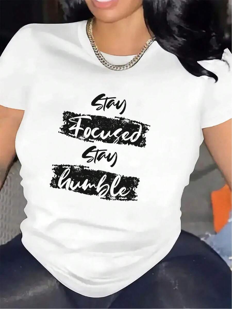 2026 "Stay Focused, Stay Humble" T-Shirt | Ideal For Gym Workouts, Lightweight And Durable Fabric, Perfect For Casual Wear In The Living Room Or Office, Comfortable Fit For Everyday Wear, Crew Neck, Medium Stretch Fabric. - 白色 - 查看 1