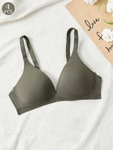 1pc Women's V-Neck Comfortable Wireless Soft Cup Solid Color Bra - Army Green - View 3