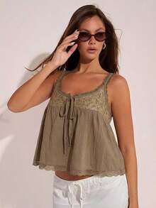 - Top de Tirantes Elegante con Encaje para Mujer, Ideal para Vacaciones de Verano - Marrón - Ver 2