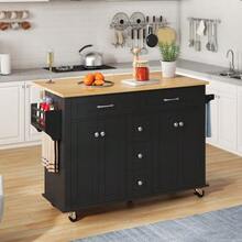 Carrito de cocina multifuncional con encimera abatible, extensible hasta 120*65 cm, con 5 cajones, armarios, especiero y toallero, con ruedas – isla de cocina para cocina, comedor y salón. - Negro - Ver 3