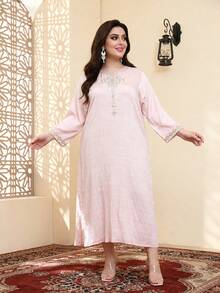 Schwer besticktes arabisches Damen-Sommerkleid in Große Größen, rosa, elegant, JALABIA mit gekerbtem V-Ausschnitt, lässiges Sommer-Urlaubsoutfit - Pink - Übersicht 6
