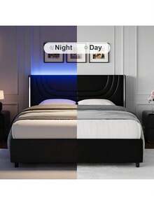 Modern LED Upholstered Bed Frame With Silver Wingback Headboard – Soft PU Leather, Platform Design, Easy Assembly, Twin Bed Frame / Full Bed Frame/ Queen Bed Frame / Twin /Full / Queen Size Bed Frame, Black/Pink/Beige (USB LED Strip) - 深黑 - 查看 4