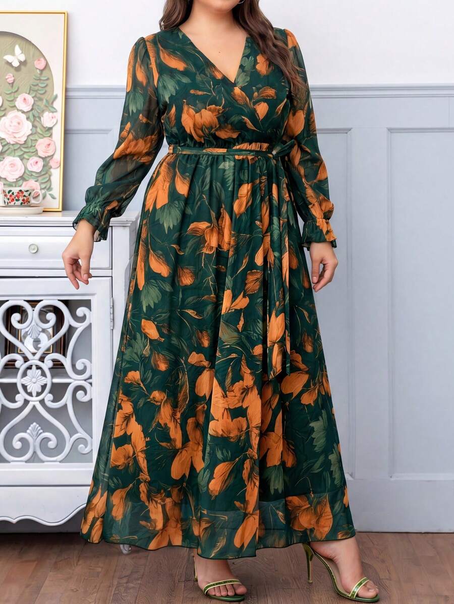 DEARCASE Plus Size Women Floral Print V-Neck Long Sleeve Dress Elegant Vacation - Dark Green - View 1