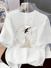 Elegant, Lightweight, Luxurious, And High-End Style Clothing! Women's Printed T-Shirt - Women's Design Printed With Pearls And Crystals | Lightweight, Luxurious, And Beautiful Everyday Wear | Soft And Breathable Fabric, Casual Short-Sleeved Round-Neck Top For Spring And Summer - 黑色 - 查看 5