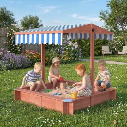 Outsunny Wooden Sandbox With Cover, Kids Sandbox Outdoor With Adjustable Canopy, Seats, And Bottom Liner For Backyard, Beach, 47" X 47" X 47", Gift For Ages 3-6, Dark Brown